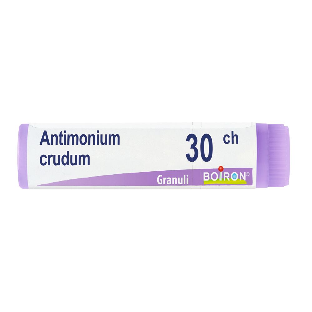 Confezione cilindrica con "Antimonium crudum 30 ch" e logo BOIRON. Tappo e testo viola.