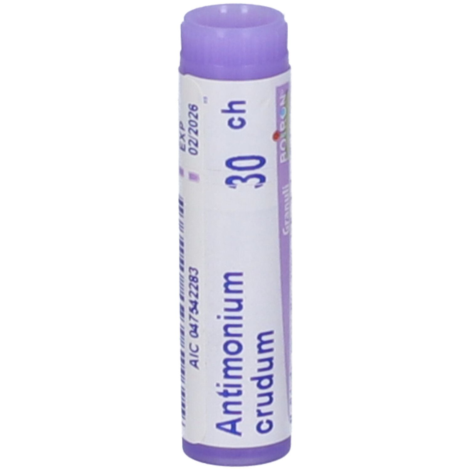 Confezione cilindrica con "Antimonium crudum 30 ch". Tappo viola. Stampa con data di scadenza e codice AIC.