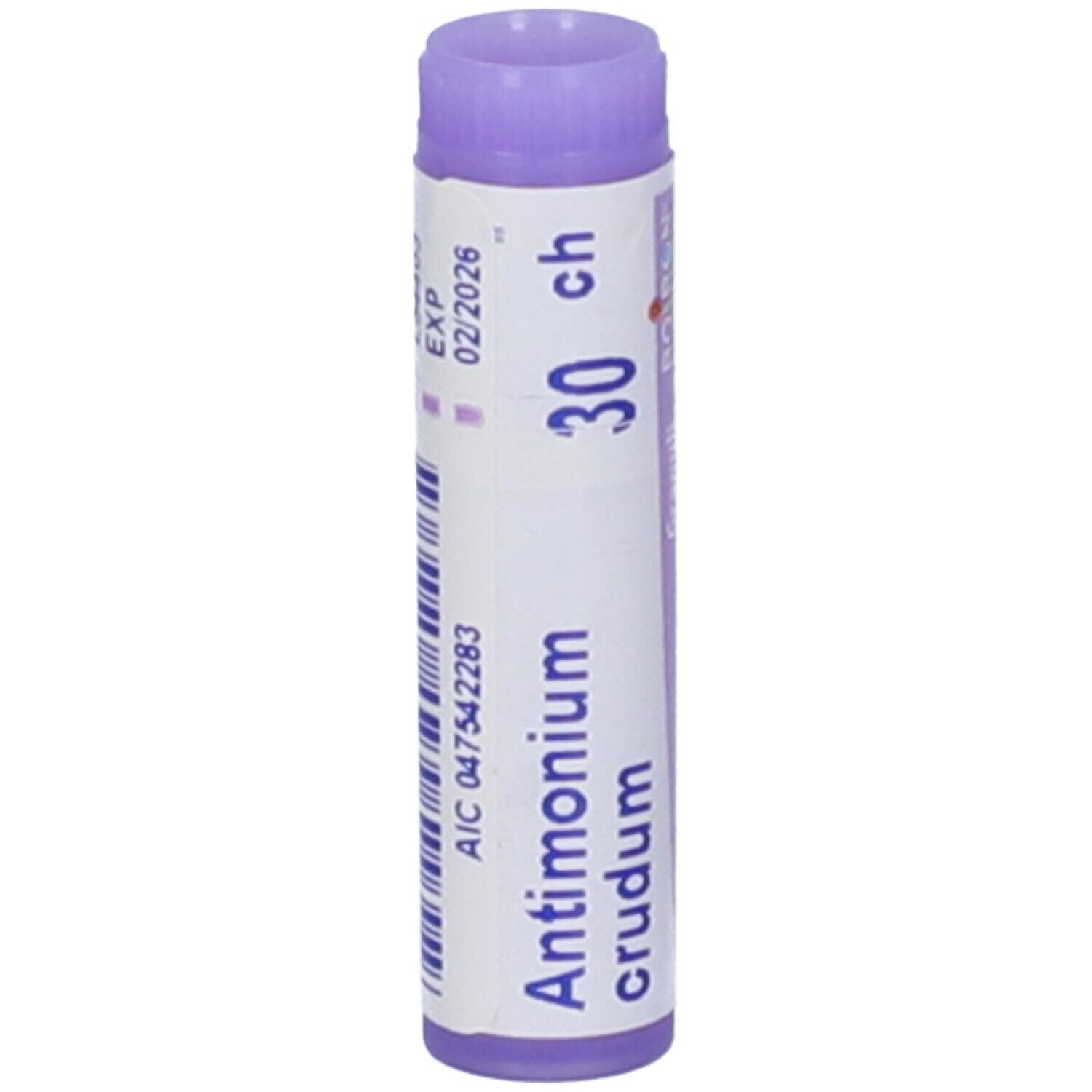 Confezione cilindrica con "Antimonium crudum 30 ch". Tappo viola. Stampa con data di scadenza.