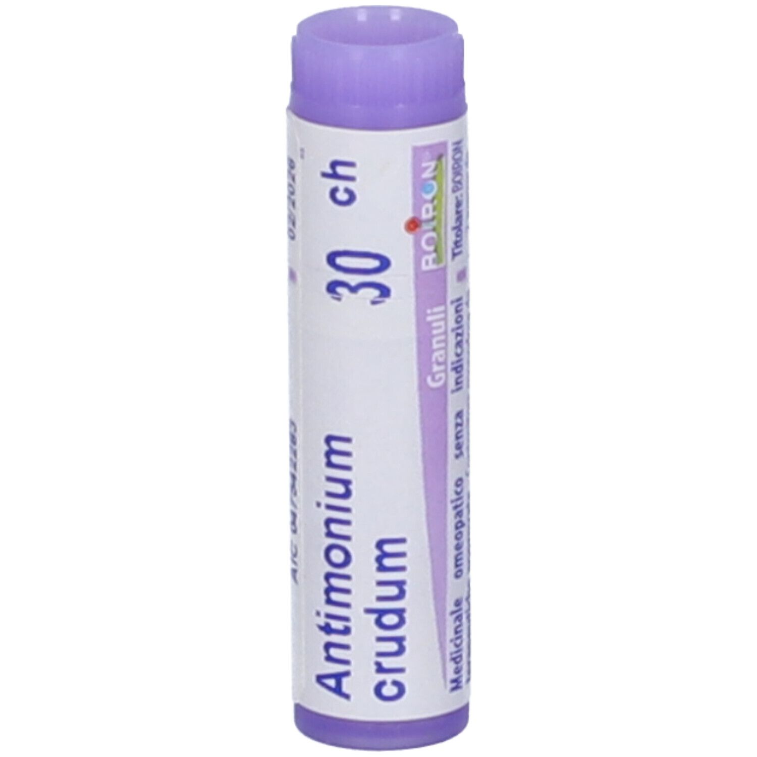 Confezione cilindrica con "Antimonium crudum 30 ch". Tappo viola. Logo BOIRON e altre indicazioni.