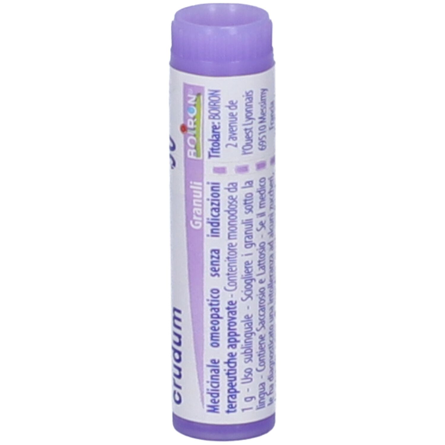 Confezione cilindrica con "Antimonium crudum". Tappo viola. Logo BOIRON e altre indicazioni.
