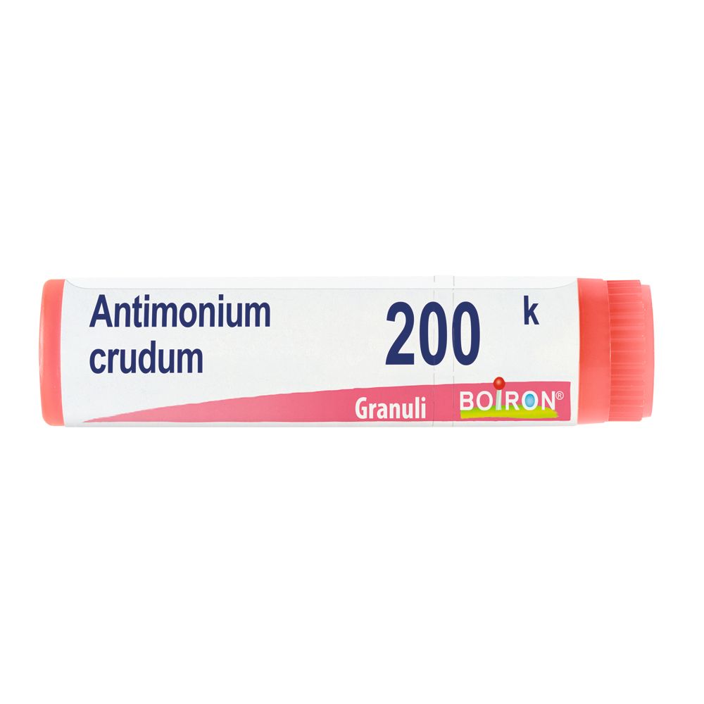 Tubo cilindrico con tappo rosa. Scritta: Antimonium crudum 200 K, Granuli, BOIRON. Etichetta bianca.