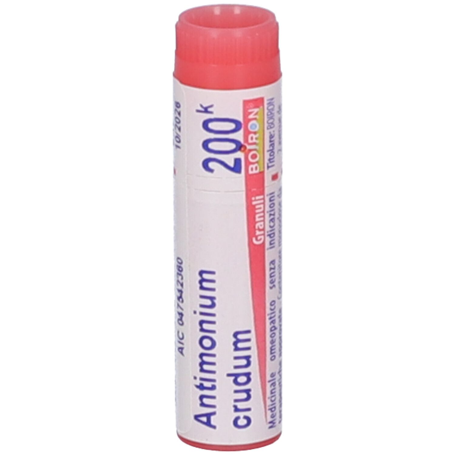 Tubo cilindrico, tappo rosa. Scritta: Antimonium crudum 200k, BOIRON, Granuli. Scadenza 10/2026.