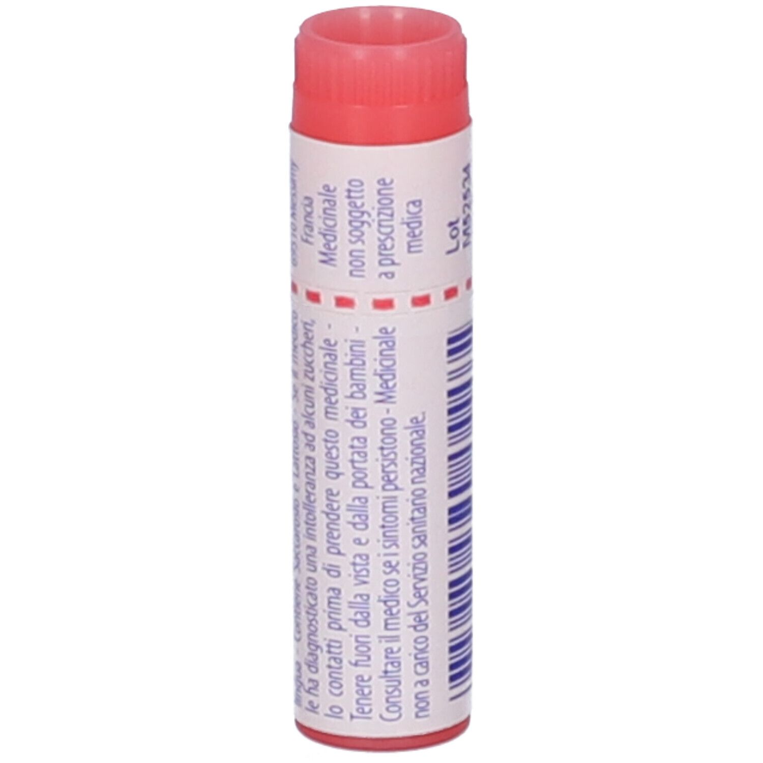 Tubo cilindrico con tappo rosa. Etichetta con testo. Codice a barre. Indicazioni mediche. Non per bambini.
