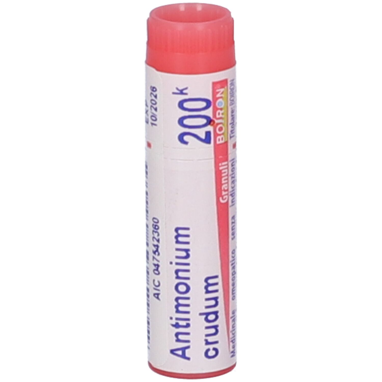 Tubo cilindrico con tappo rosa. Scritta: Antimonium crudum 200k, BOIRON, Granuli. Scadenza 10/2026.