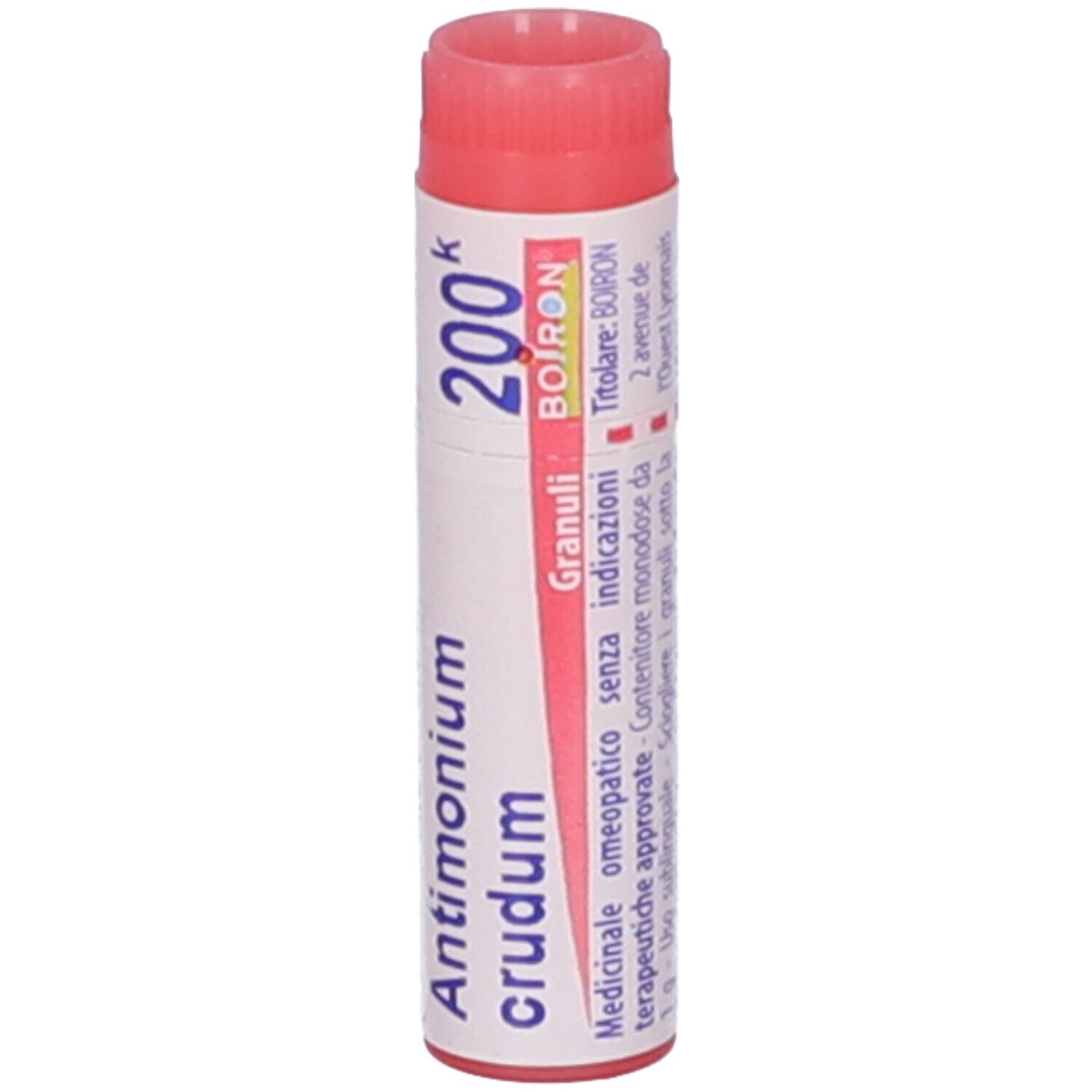 Tubo cilindrico con tappo rosa. Scritta: Antimonium crudum 200k, BOIRON, Granuli. Indicazioni mediche.