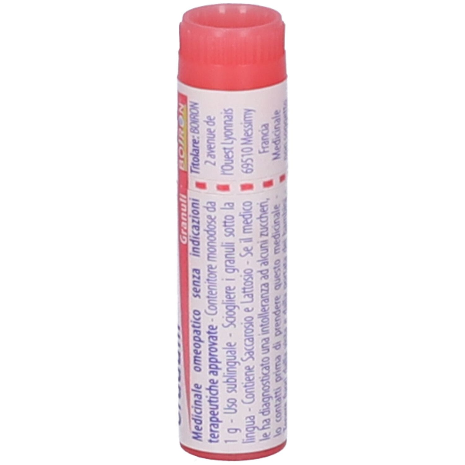 Tubo cilindrico con tappo rosa. Scritta: Antimonium crudum, BOIRON, Granuli. Indicazioni mediche. Indirizzo.