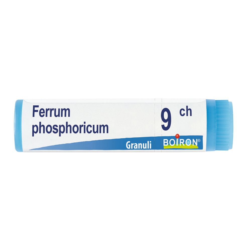 Confezione cilindrica con tappo blu. Scritta: Ferrum phosphoricum 9 ch, Granuli, BOIRON.