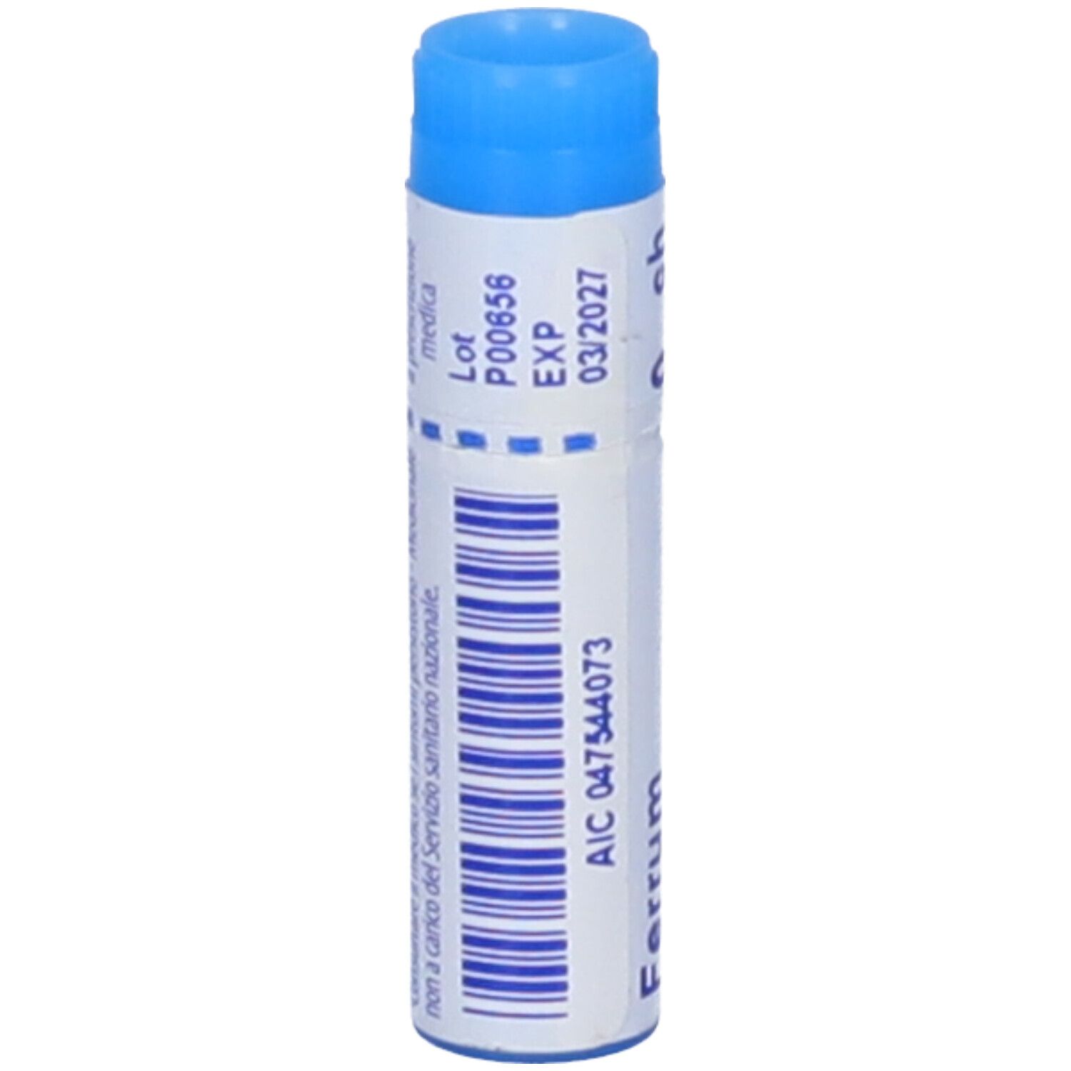Confezione cilindrica blu. Scritta: Ferrum phosphoricum 9 ch. Con numero di lotto e scadenza.