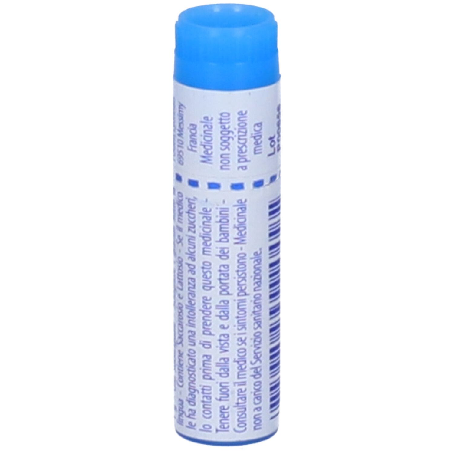 Confezione cilindrica blu. Scritta: Ferrum phosphoricum 9 ch. Con numero di lotto e scadenza.