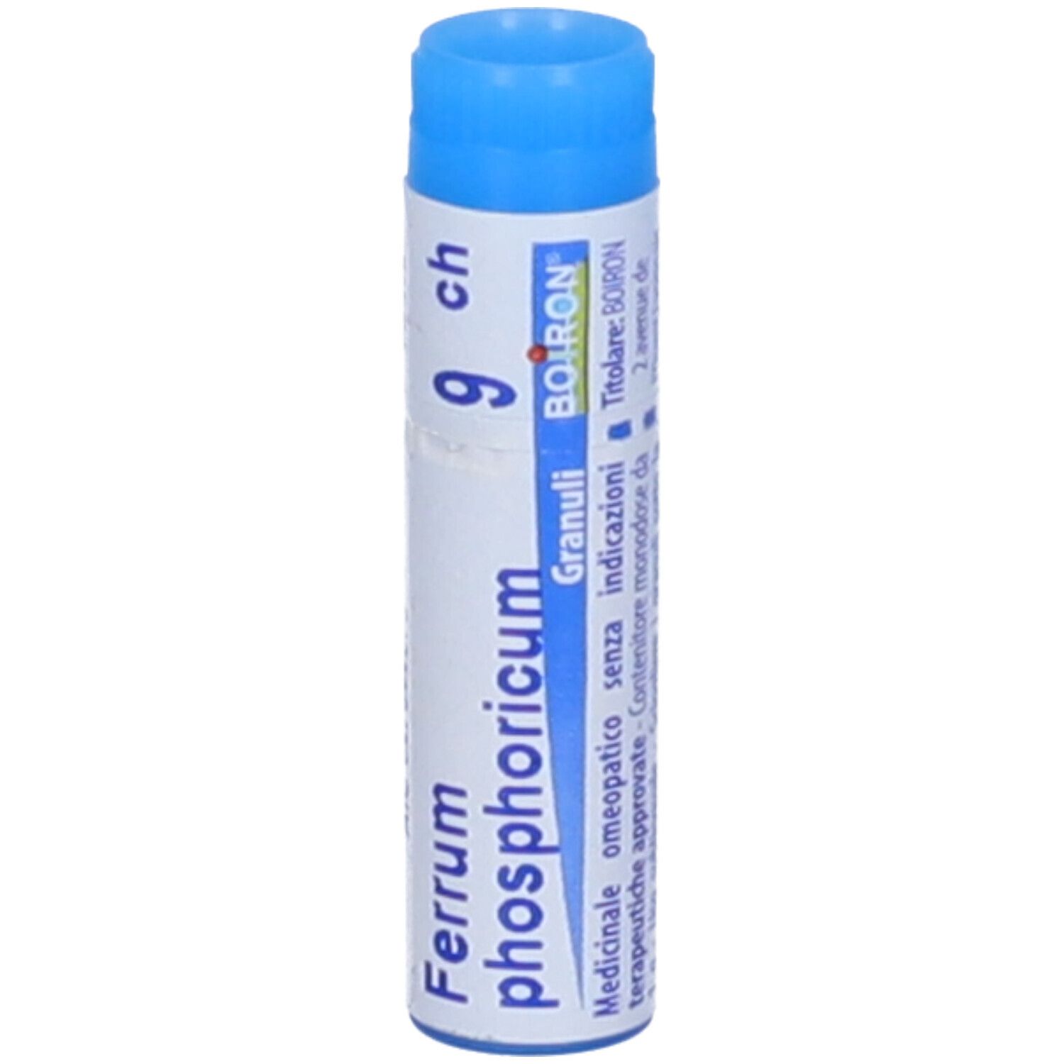 Confezione cilindrica blu. Scritta: Ferrum phosphoricum 9 ch, BOIRON. Con ulteriori informazioni.