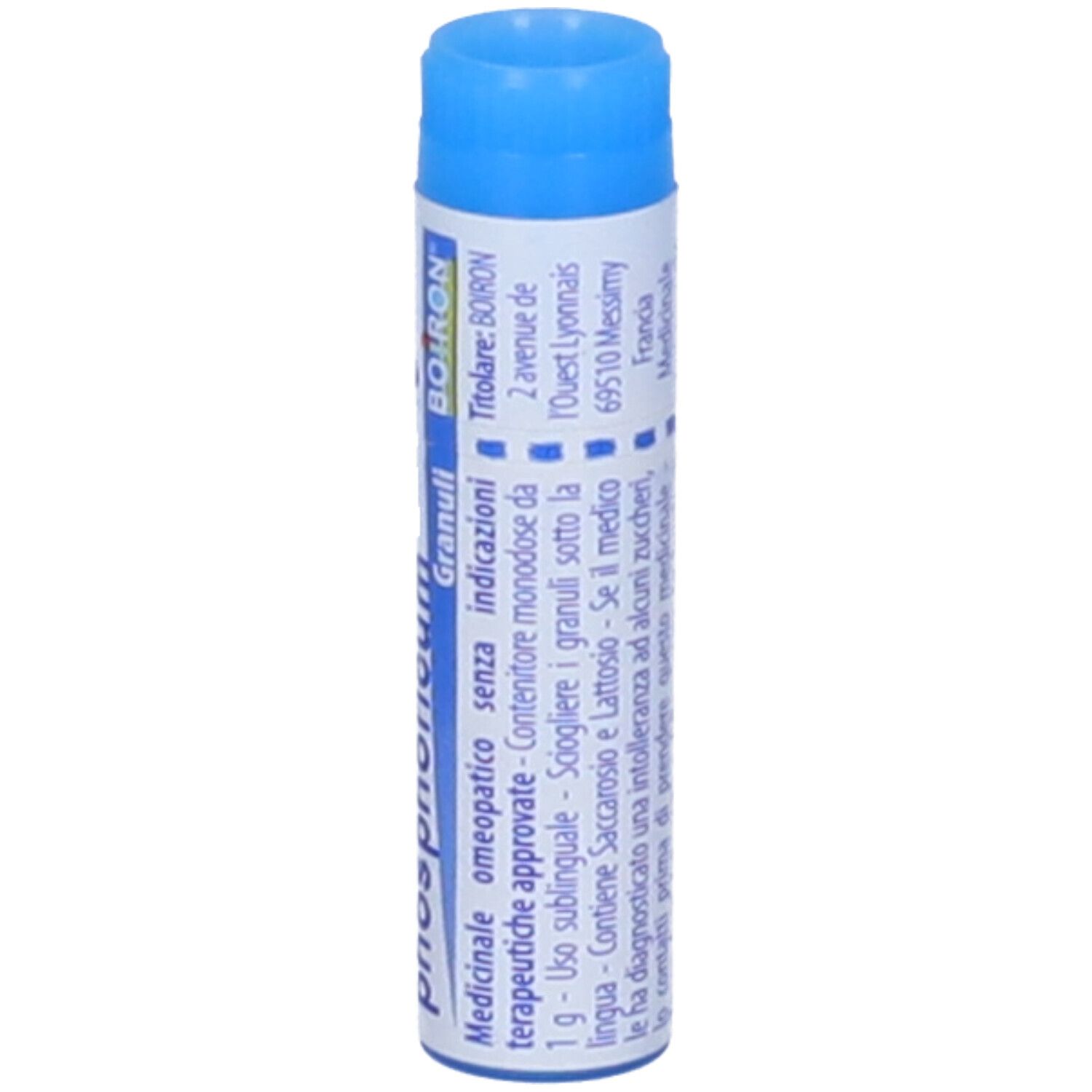 Confezione cilindrica blu. Scritta: Ferrum phosphoricum 9 ch, BOIRON. Con ulteriori informazioni.