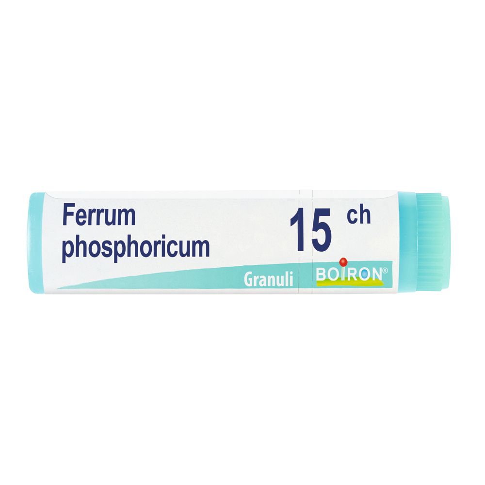 Confezione monodose cilindrica azzurra. Scritta: Ferrum phosphoricum, 15 ch, Granuli, BOIRON.