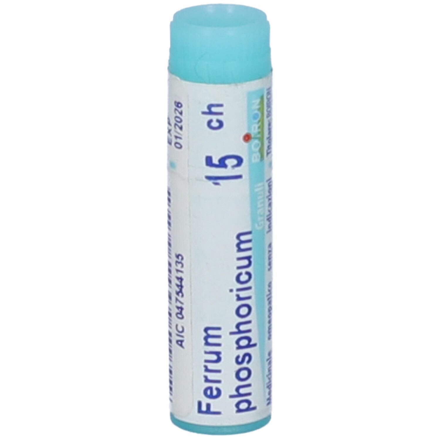 Confezione monodose cilindrica azzurra. Scritta: Ferrum phosphoricum, 15 ch, EXP 01/2026, AIC 047544135.