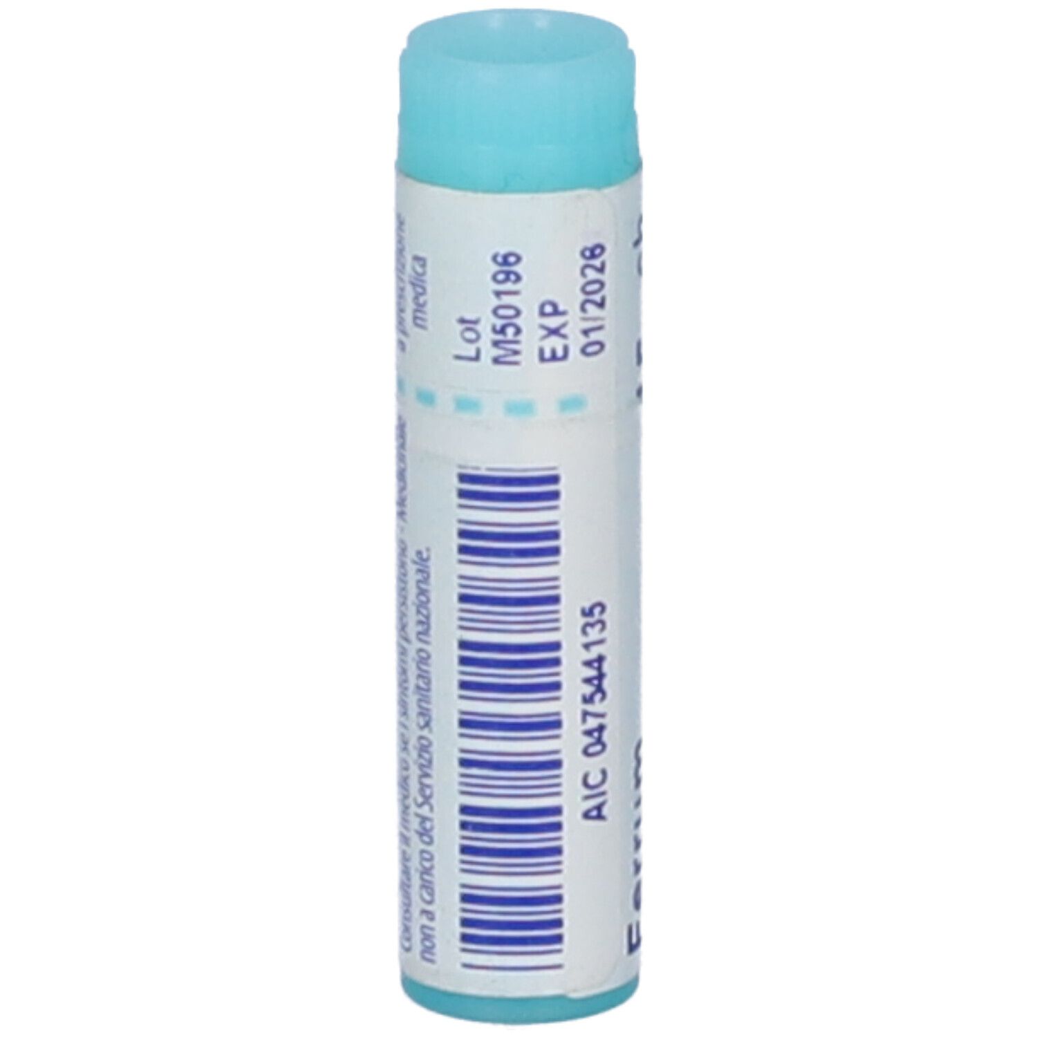 Confezione monodose cilindrica azzurra. Scritta: Ferrum phosphoricum, 15 ch, EXP 01/2026, AIC 047544135, codice a barre.