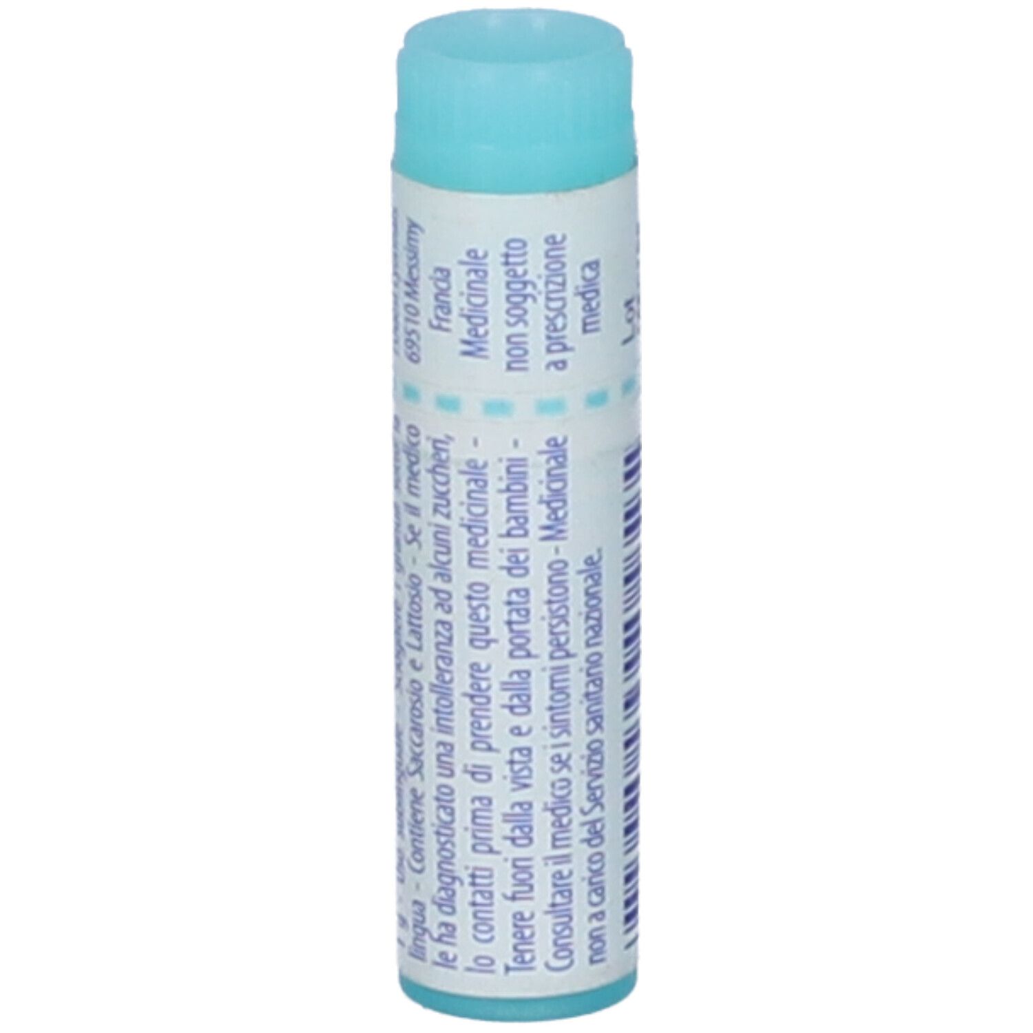 Confezione monodose cilindrica azzurra. Scritta: Ferrum phosphoricum, 15 ch, EXP 01/2026, AIC 047544135, testo.