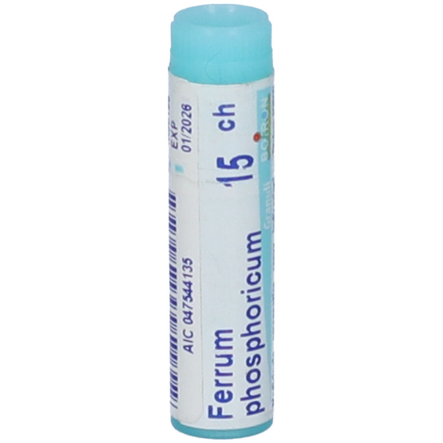 Confezione monodose cilindrica azzurra. Scritta: Ferrum phosphoricum, 15 ch, EXP 01/2026, AIC 047544135, BOIRON.