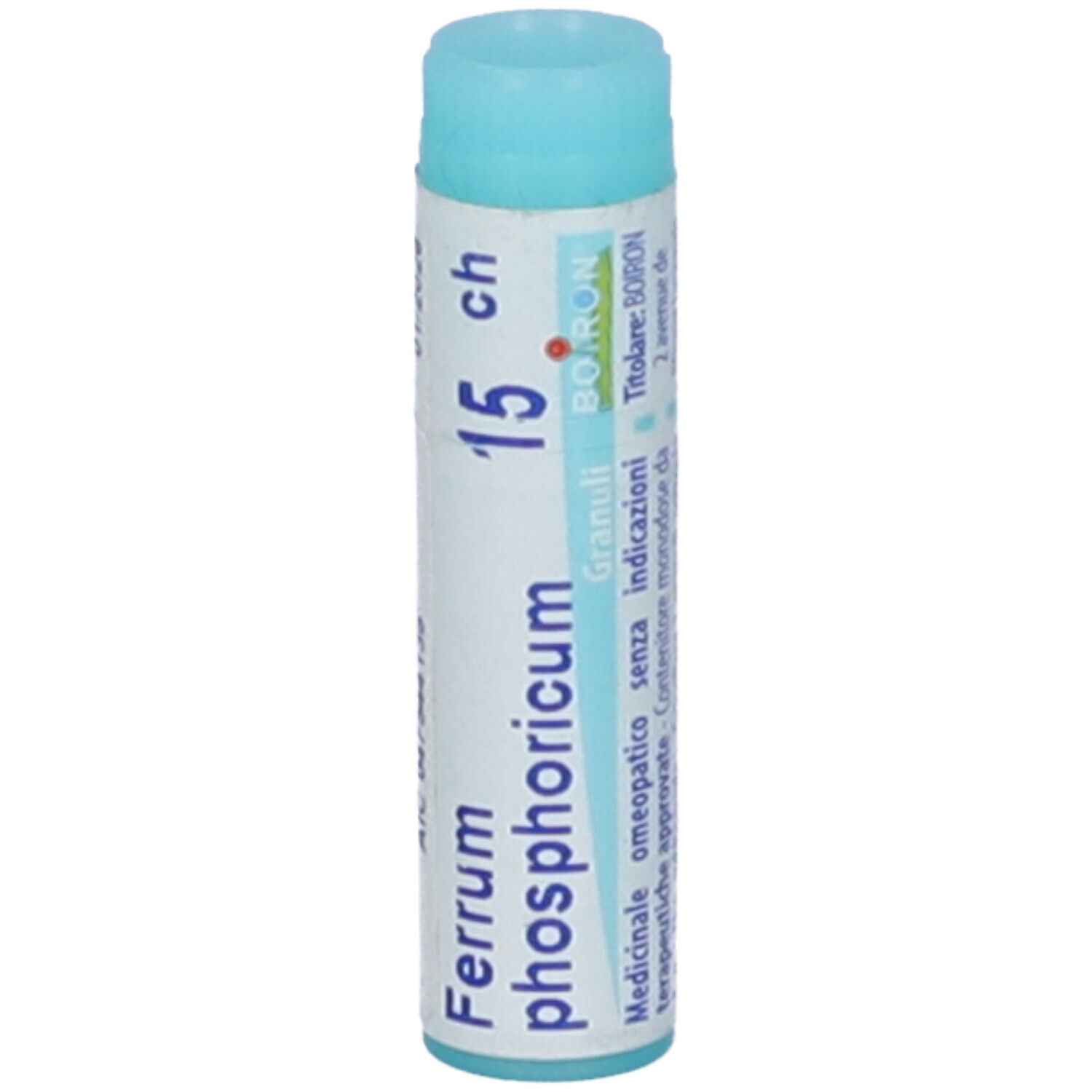 Confezione monodose cilindrica azzurra. Scritta: Ferrum phosphoricum, 15 ch, Granuli, BOIRON, testo.