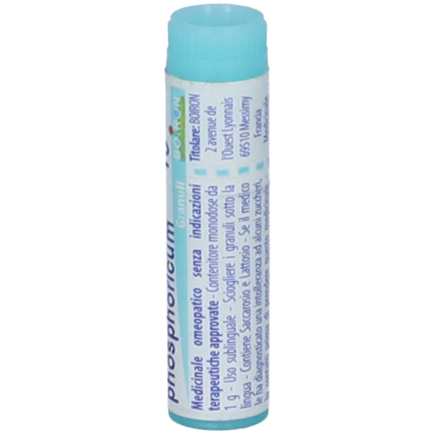 Confezione monodose cilindrica azzurra. Scritta: Ferrum phosphoricum, 15 ch, Granuli, BOIRON, testo, indirizzo.