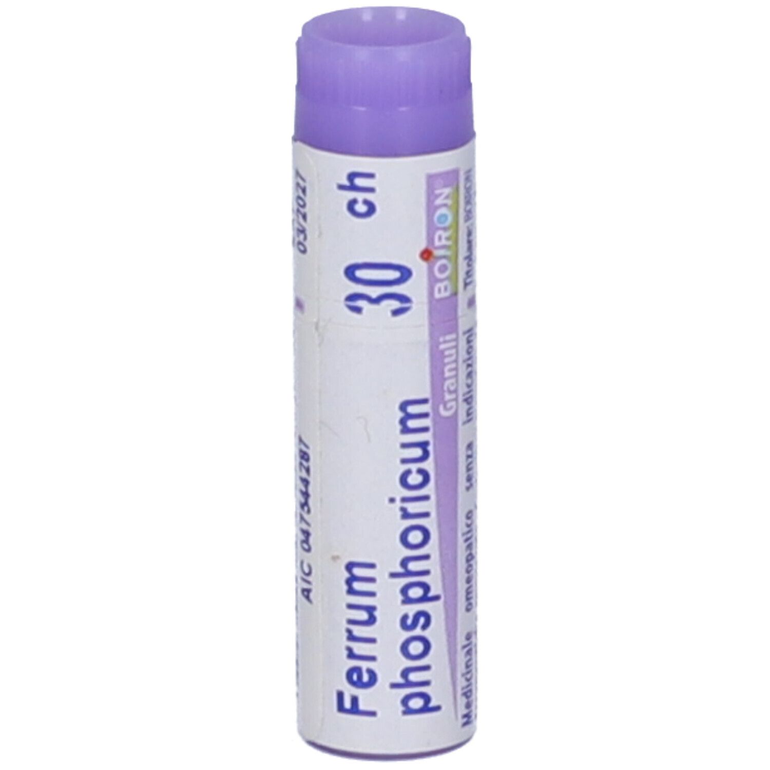 Contenitore monodose viola. Scritta: Ferrum phosphoricum 30 CH, Granuli, BOIRON. Con codice a barre.