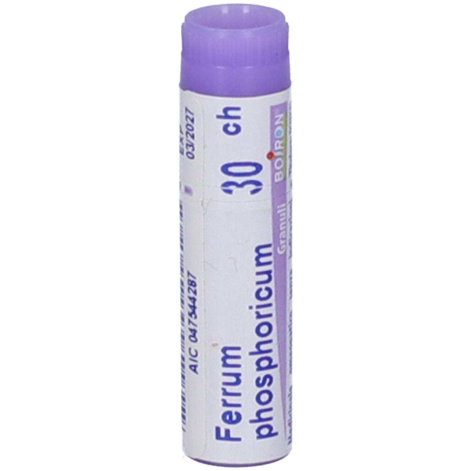 Contenitore monodose viola. Scritta: Ferrum phosphoricum 30 CH, Granuli, BOIRON. Con codice a barre.