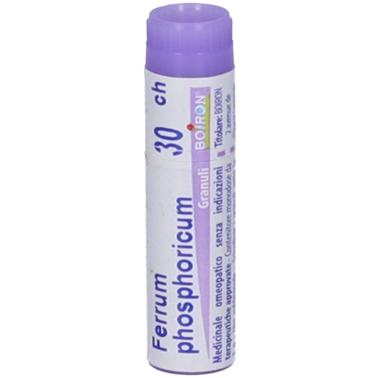 Contenitore monodose viola. Scritta: Ferrum phosphoricum 30 CH, Granuli, BOIRON. Con codice a barre.