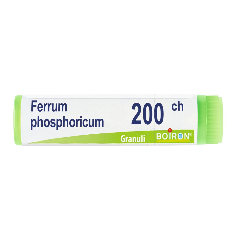 Confezione cilindrica con tappo verde. Scritta: Ferrum phosphoricum 200 ch, Granuli, BOIRON.