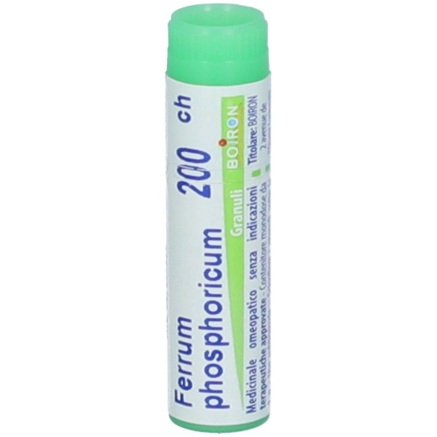 Confezione cilindrica, tappo verde. Scritta: Ferrum phosphoricum 200 ch, Granuli, BOIRON.