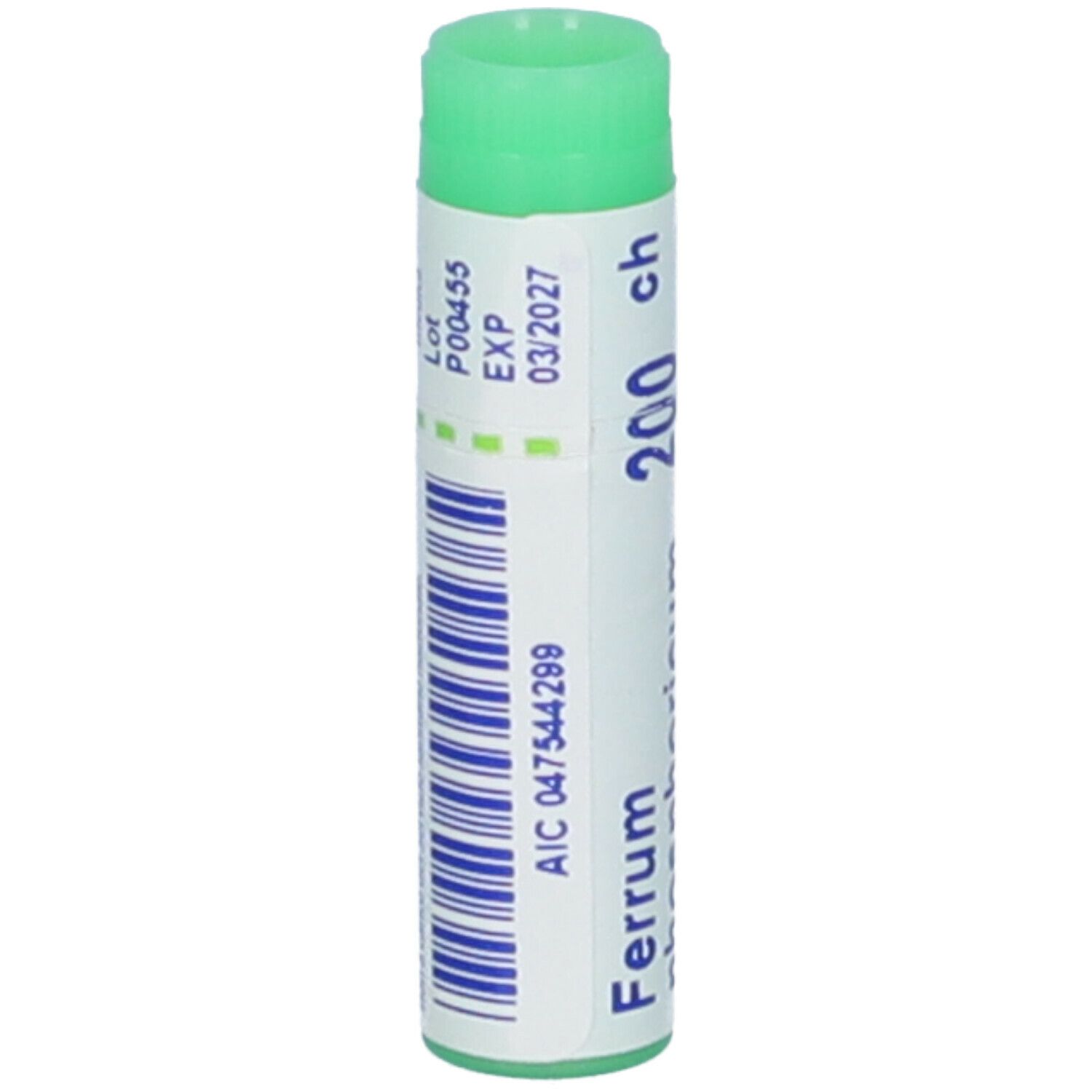 Confezione cilindrica, tappo verde. Scritta: Ferrum phosphoricum 200 ch. Altre informazioni.