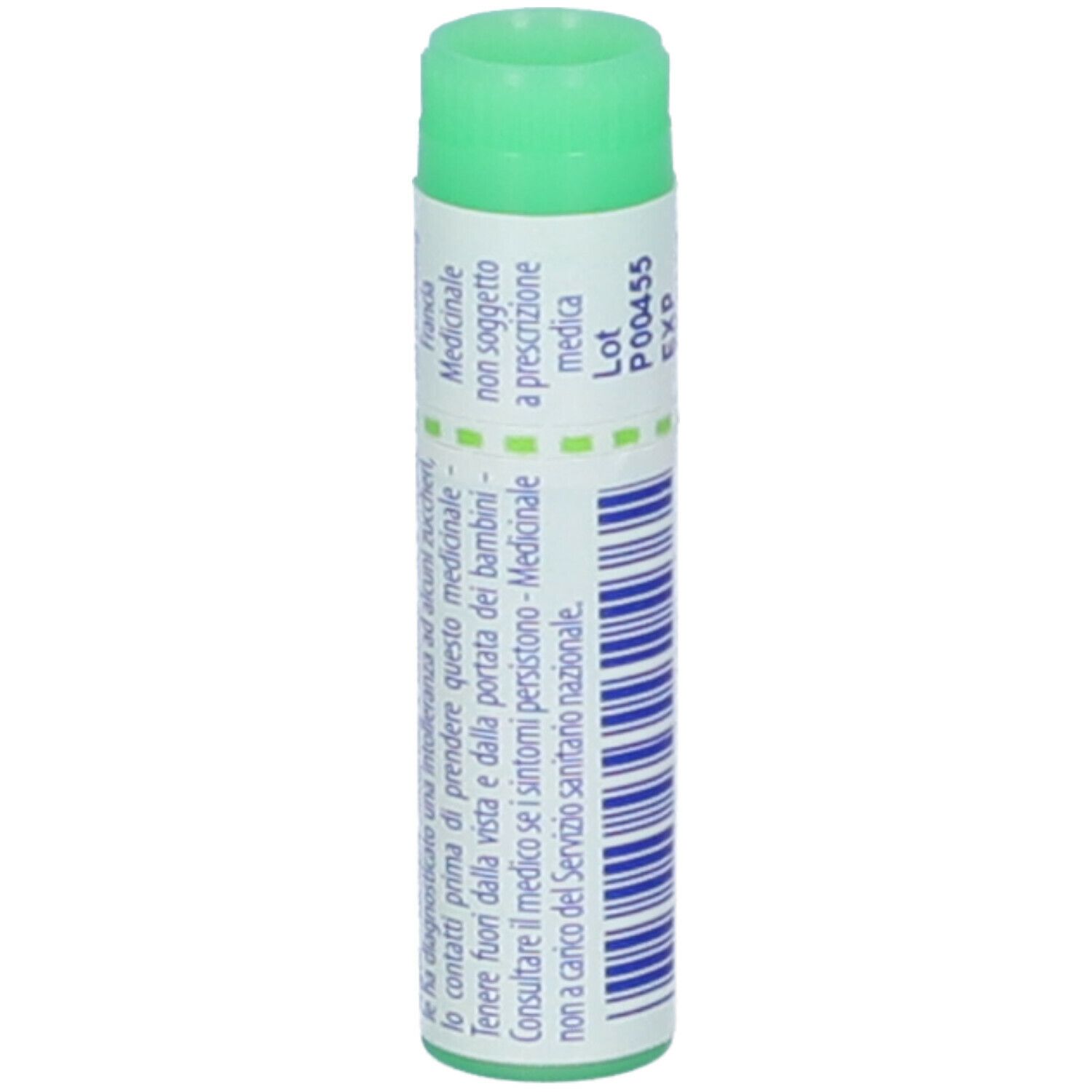 Confezione cilindrica, tappo verde. Scritta: Ferrum phosphoricum 200 ch. Altre informazioni.