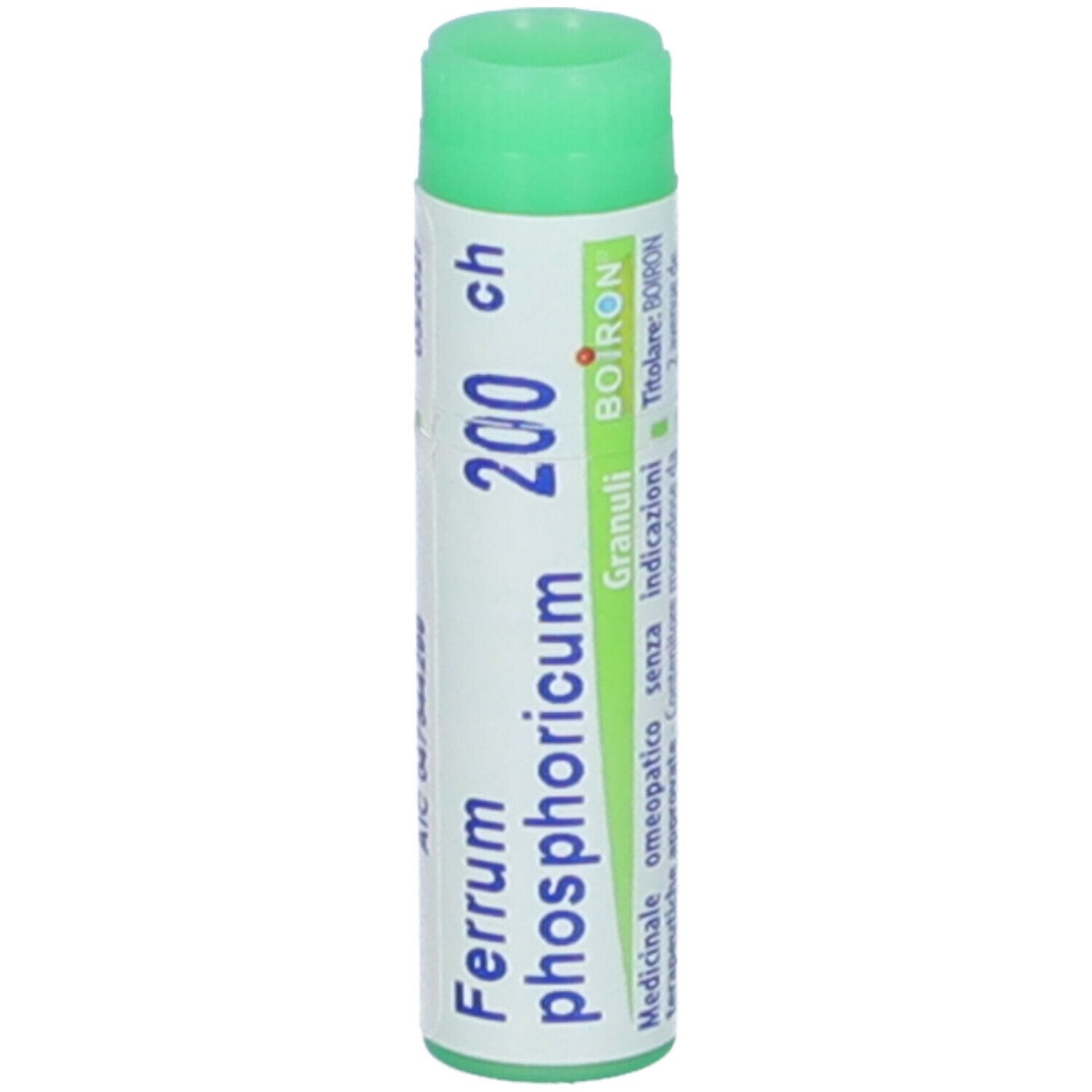 Confezione cilindrica, tappo verde. Scritta: Ferrum phosphoricum 200 ch, Granuli, BOIRON.