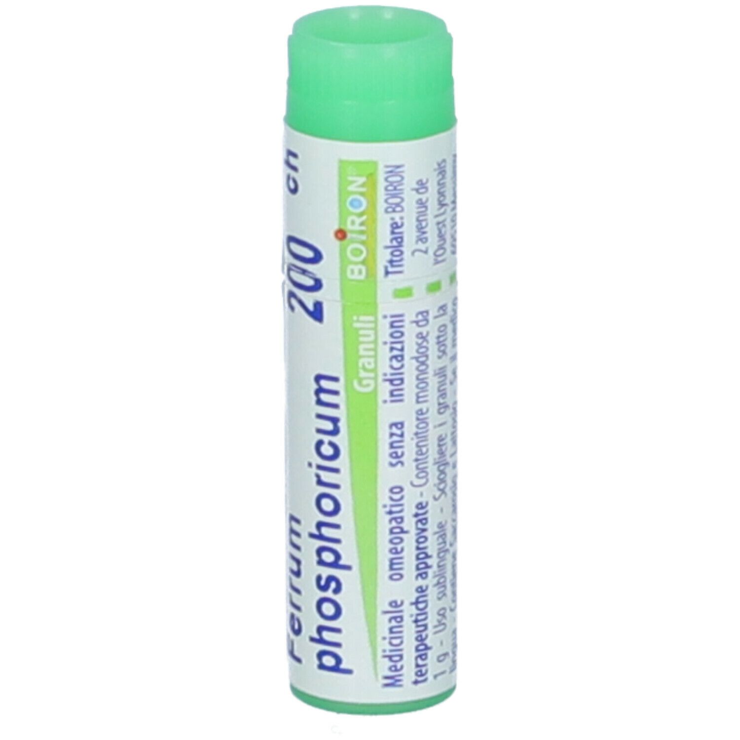 Confezione cilindrica, tappo verde. Scritta: Ferrum phosphoricum 200 ch, Granuli, BOIRON.