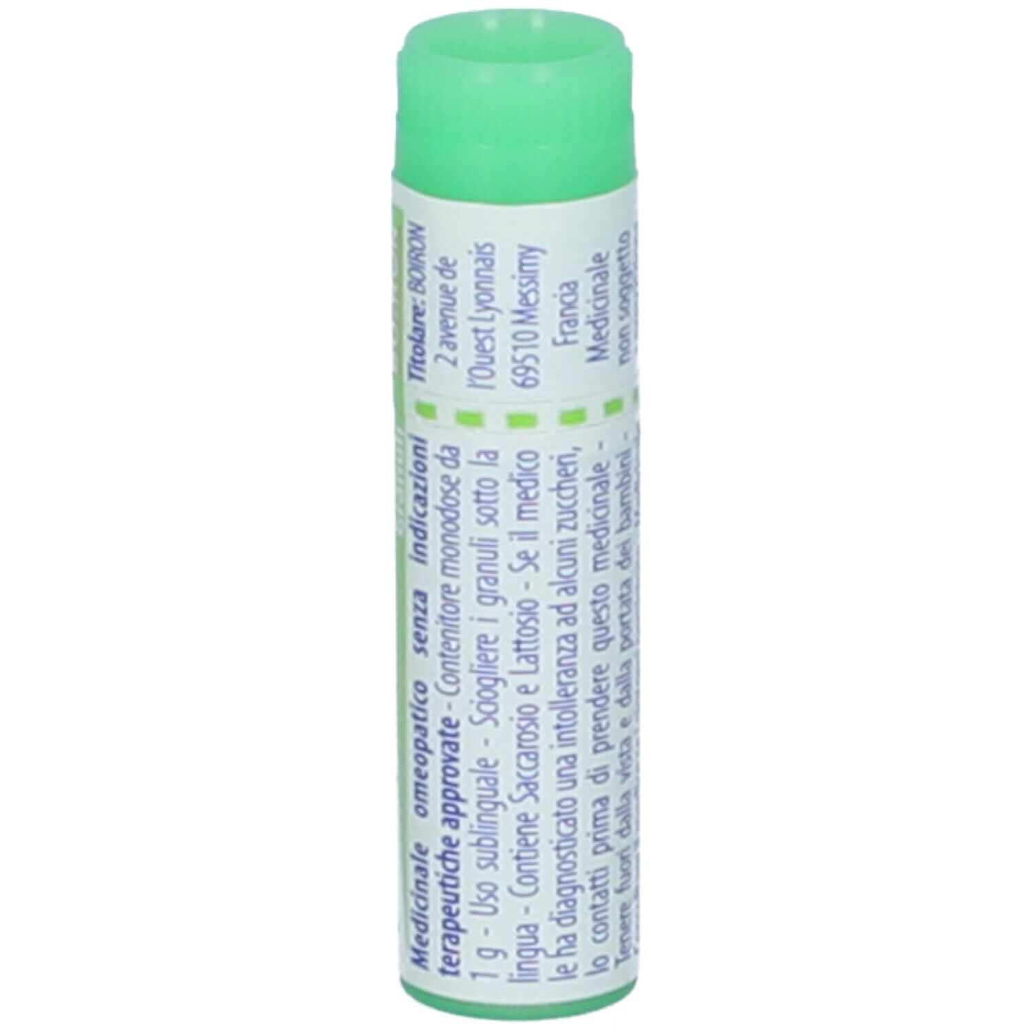 Confezione cilindrica, tappo verde. Scritta: Ferrum phosphoricum 200 ch. Altre informazioni.