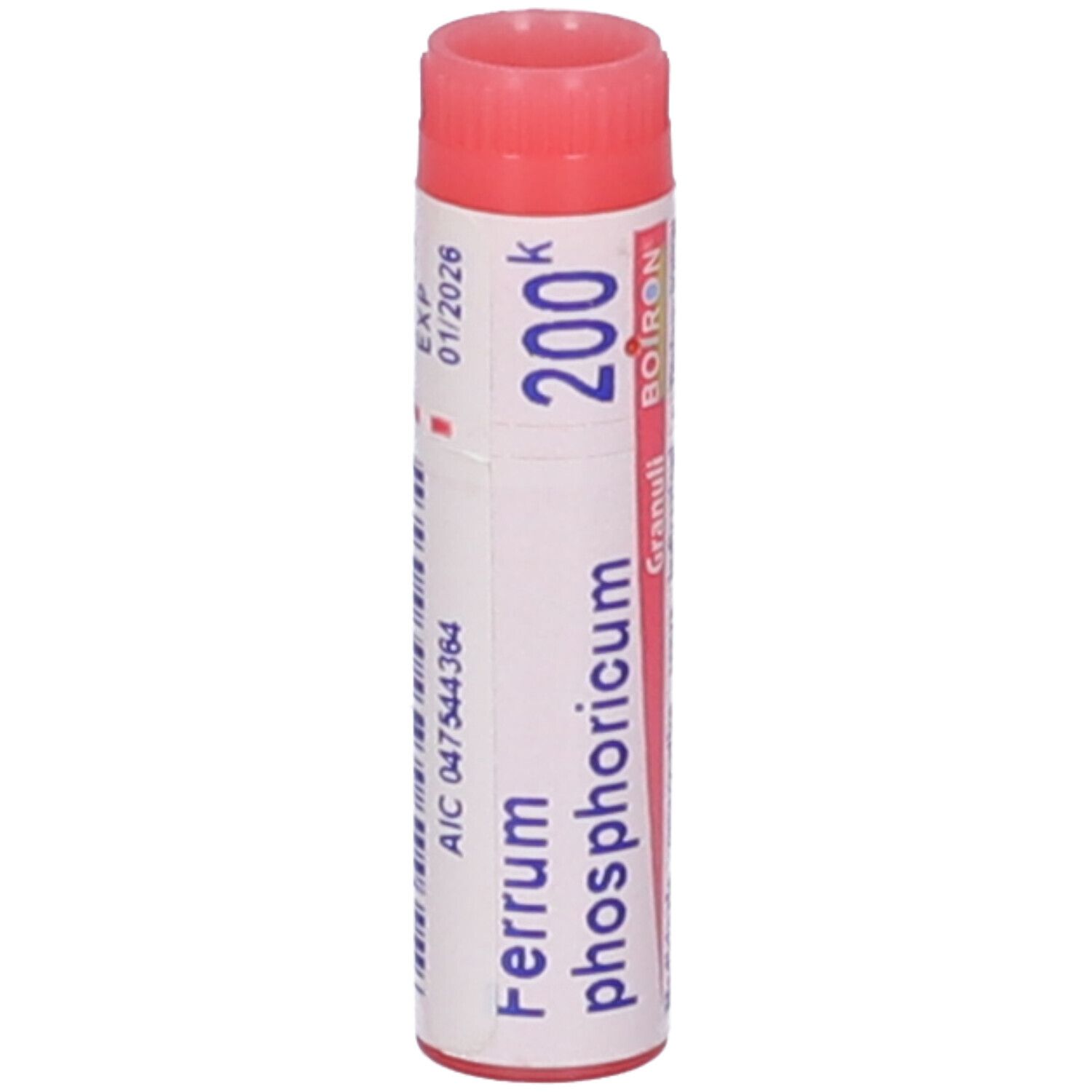 Confezione cilindrica con Ferrum phosphoricum 200 K. Scritte: EXP 01/2026, AIC 047544364.