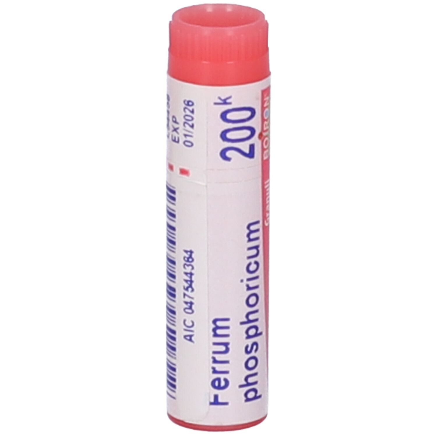Confezione cilindrica con Ferrum phosphoricum 200 K. Scritte: EXP 01/2026, AIC 047544364.