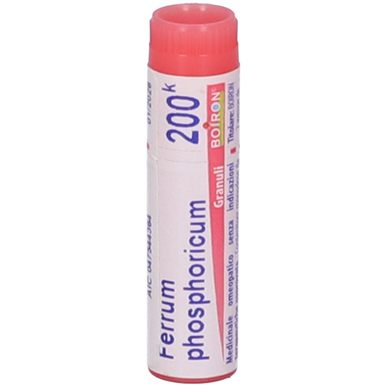 Confezione cilindrica con Ferrum phosphoricum 200 K. Marchio BOIRON® e Granuli visibili.