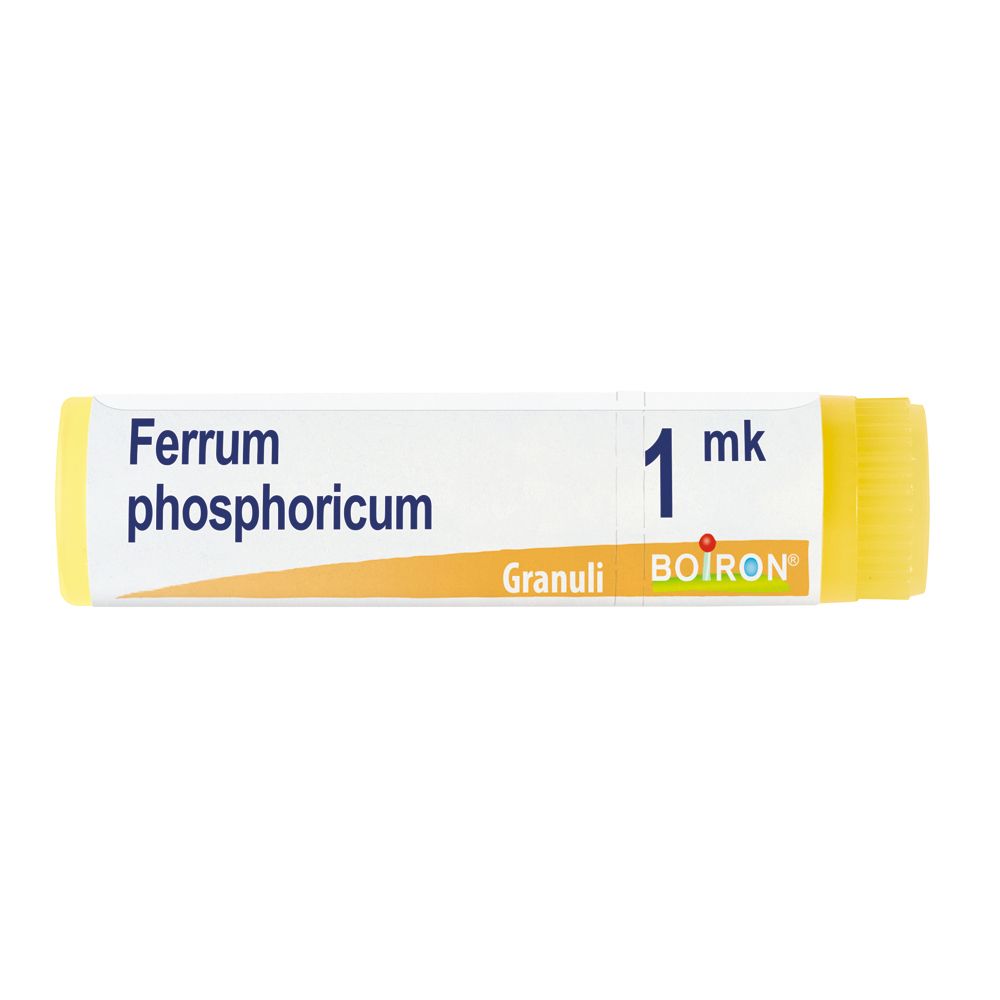 Confezione cilindrica di BOIRON® Ferrum phosphoricum Granuli 1 MK. Tappo giallo, testo bianco.