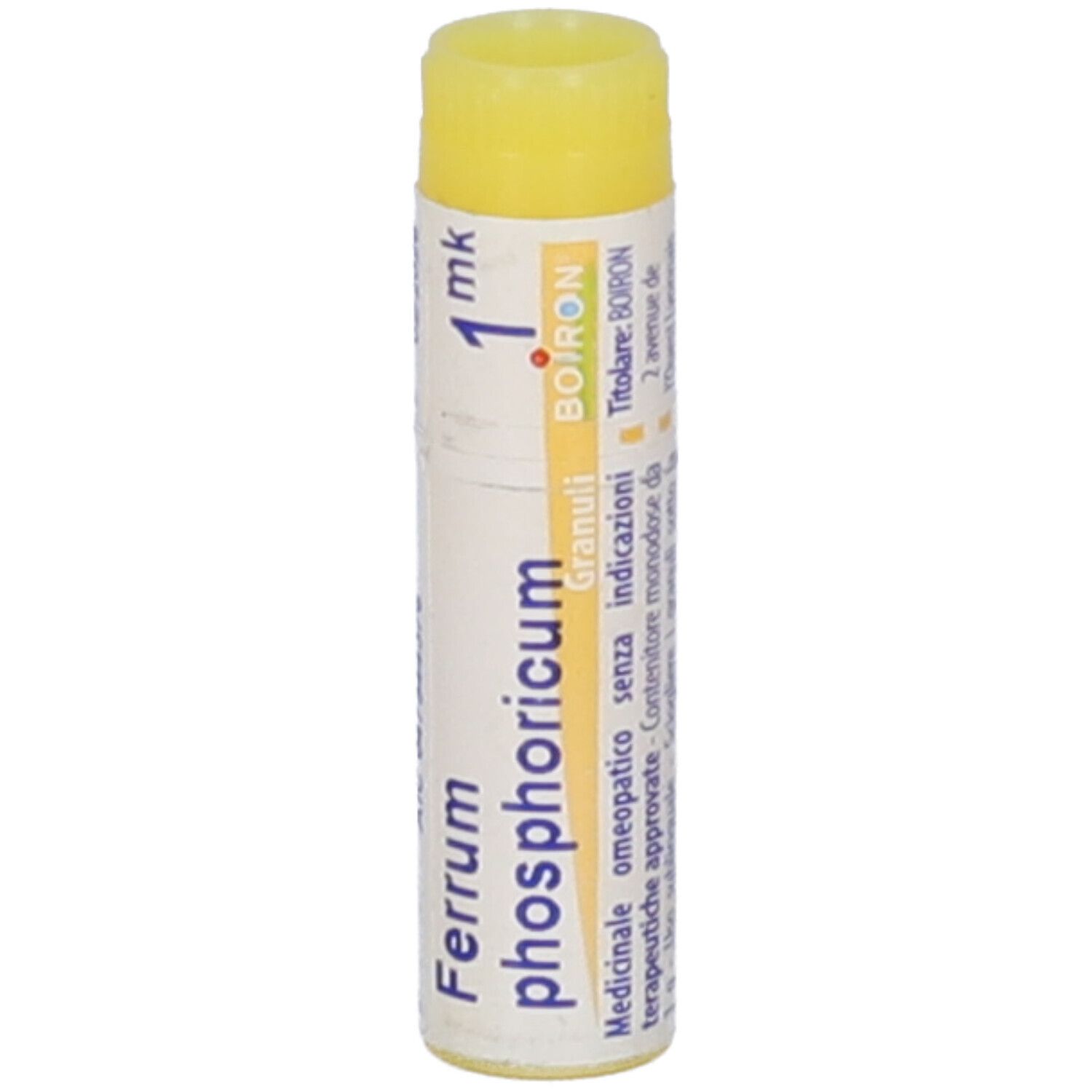 Confezione cilindrica di BOIRON® Ferrum phosphoricum 1 MK. Tappo giallo, testo bianco.