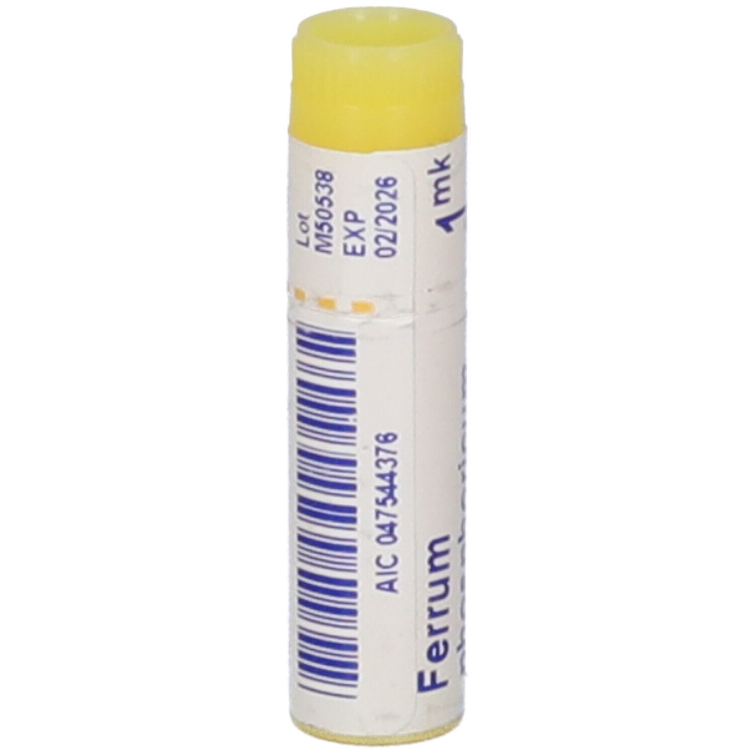 Confezione cilindrica BOIRON® Ferrum phosphoricum 1 MK. Tappo giallo, testo bianco. Numero di lotto e scadenza.