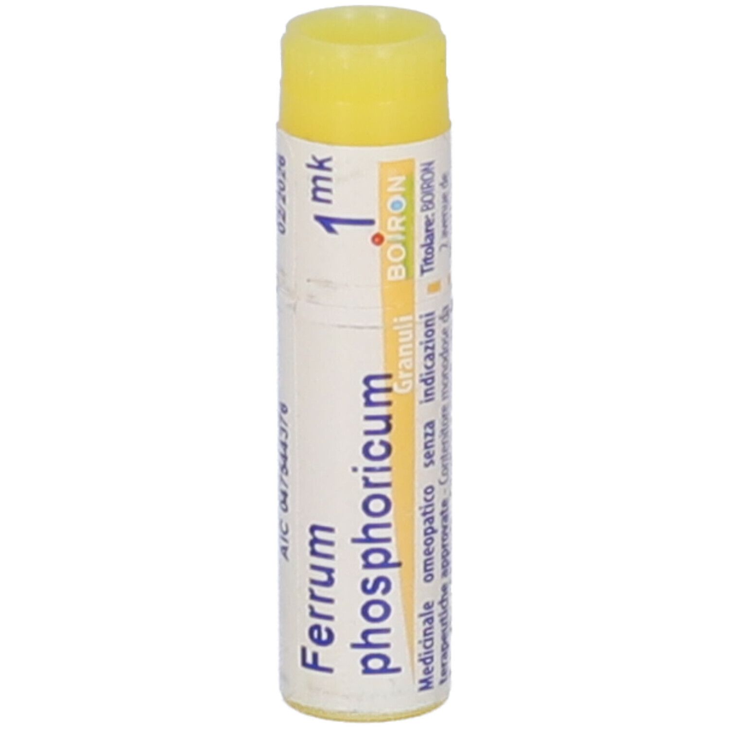 Confezione cilindrica BOIRON® Ferrum phosphoricum 1 MK. Tappo giallo, testo bianco. Numero di lotto e scadenza.