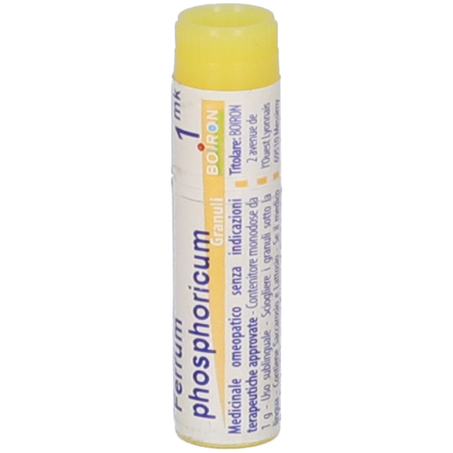 Confezione cilindrica BOIRON® Ferrum phosphoricum 1 MK. Tappo giallo, testo bianco. Testo in italiano.