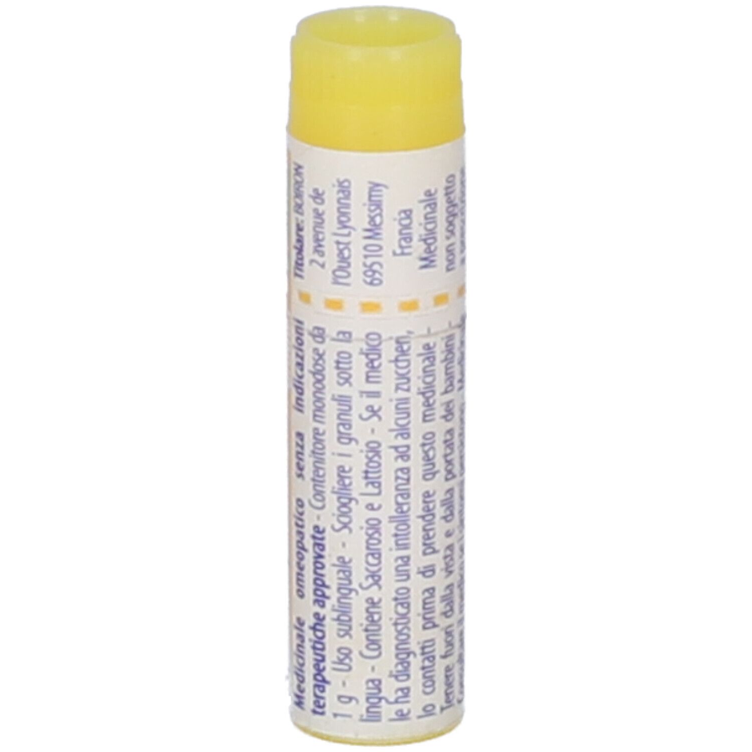 Confezione cilindrica BOIRON® Ferrum phosphoricum 1 MK. Tappo giallo, testo bianco. Testo in italiano.