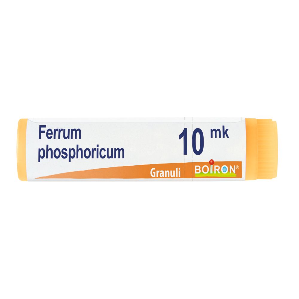 Confezione cilindrica di BOIRON® Ferrum phosphoricum Granuli 10 MK. Scritte: Ferrum phosphoricum, 10 mk, BOIRON®.