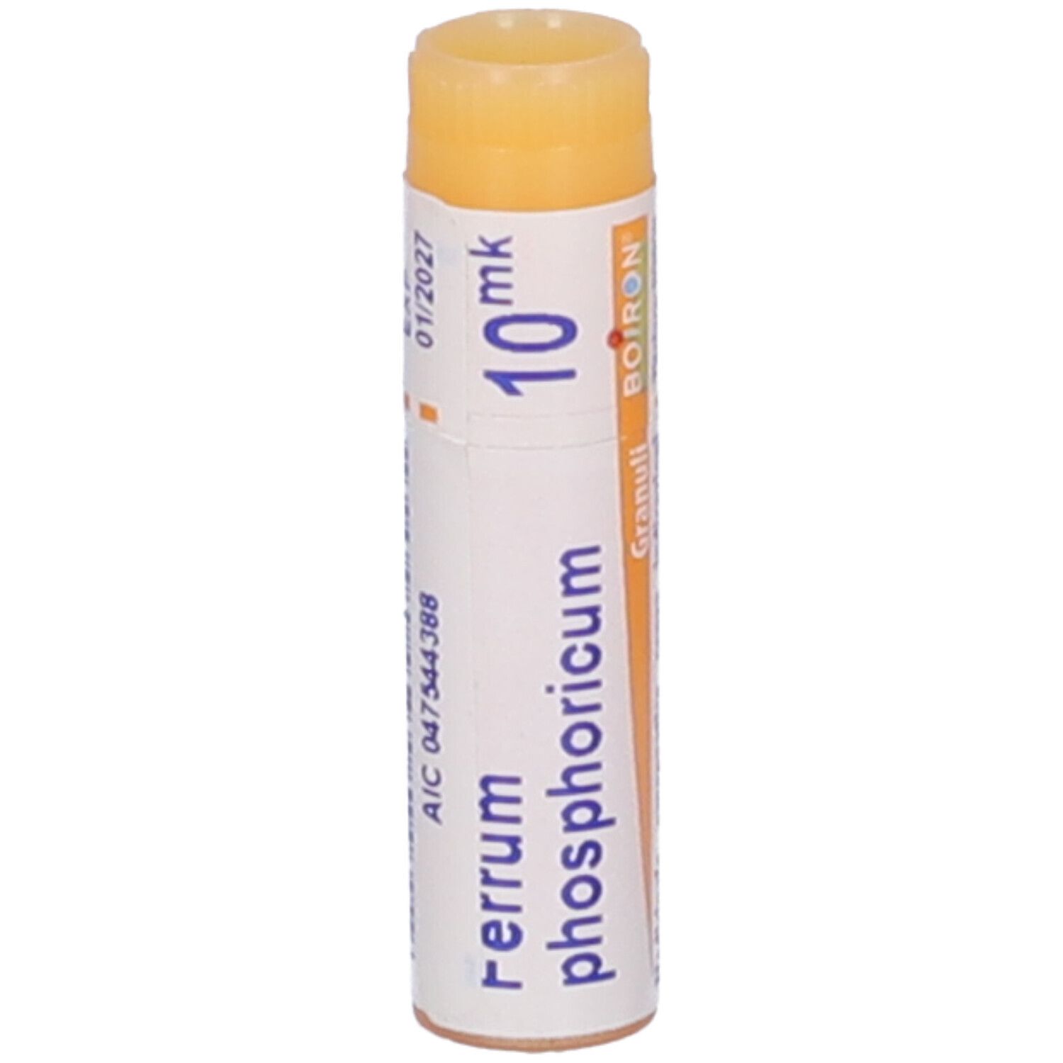 Confezione cilindrica BOIRON® Ferrum phosphoricum Granuli 10 mk. Scritte: Ferrum phosphoricum, 10 mk, BOIRON®, scadenza 01/2027.