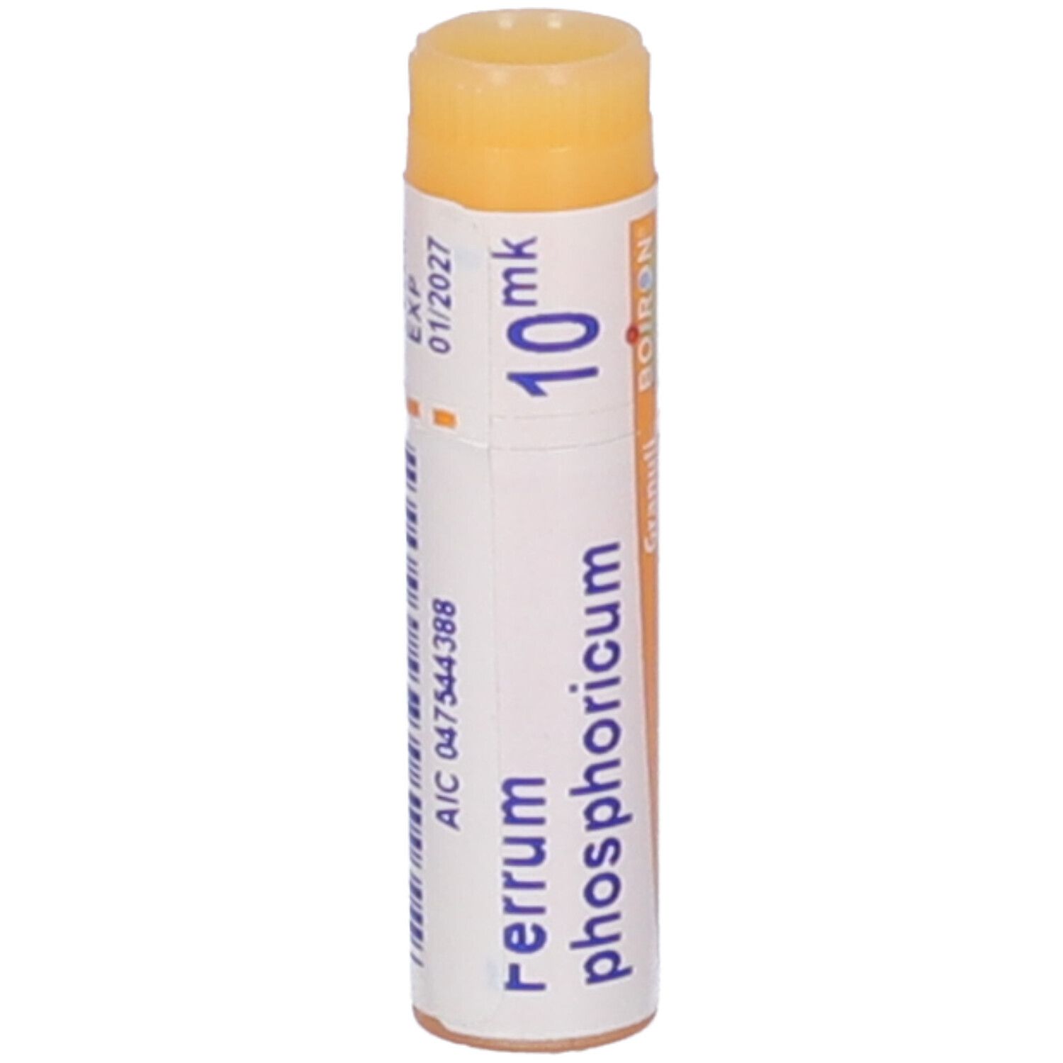 Confezione cilindrica BOIRON® Ferrum phosphoricum Granuli 10 mk. Scritte: Ferrum phosphoricum, 10 mk, BOIRON®, scadenza 01/2027, codice AIC.