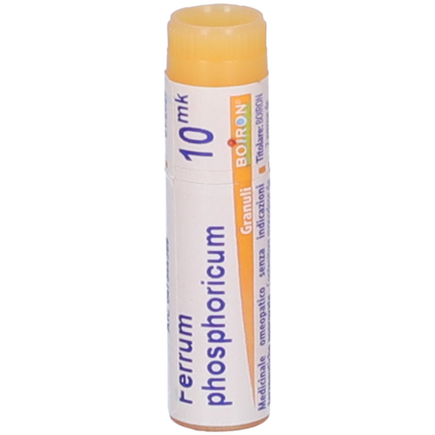 Confezione cilindrica BOIRON® Ferrum phosphoricum Granuli 10 mk. Scritte: Ferrum phosphoricum, 10 mk, BOIRON®, altre informazioni.