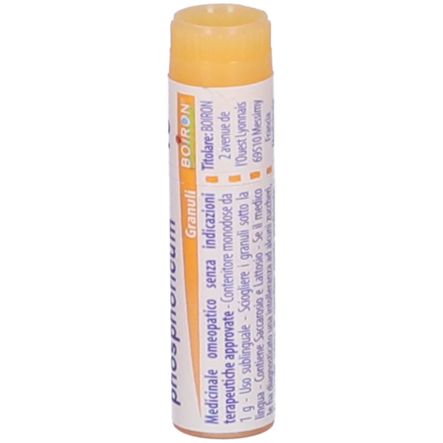 Confezione cilindrica BOIRON® Ferrum phosphoricum Granuli. Scritte: Ferrum phosphoricum, 10 mk, BOIRON®, altre informazioni.