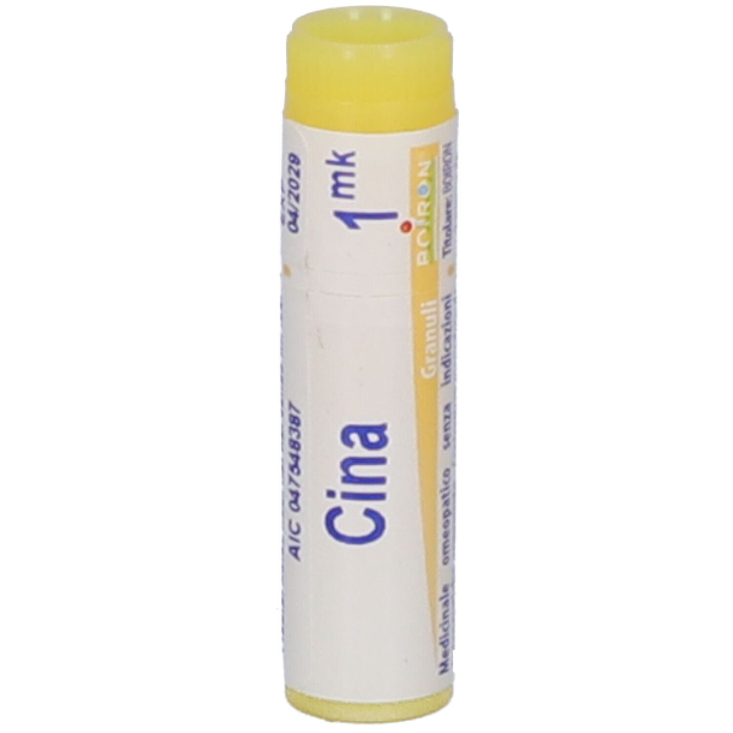 Tubo cilindrico di globuli gialli. Scritta: Cina, 1 mk, Boiron. Scadenza 04/2029.