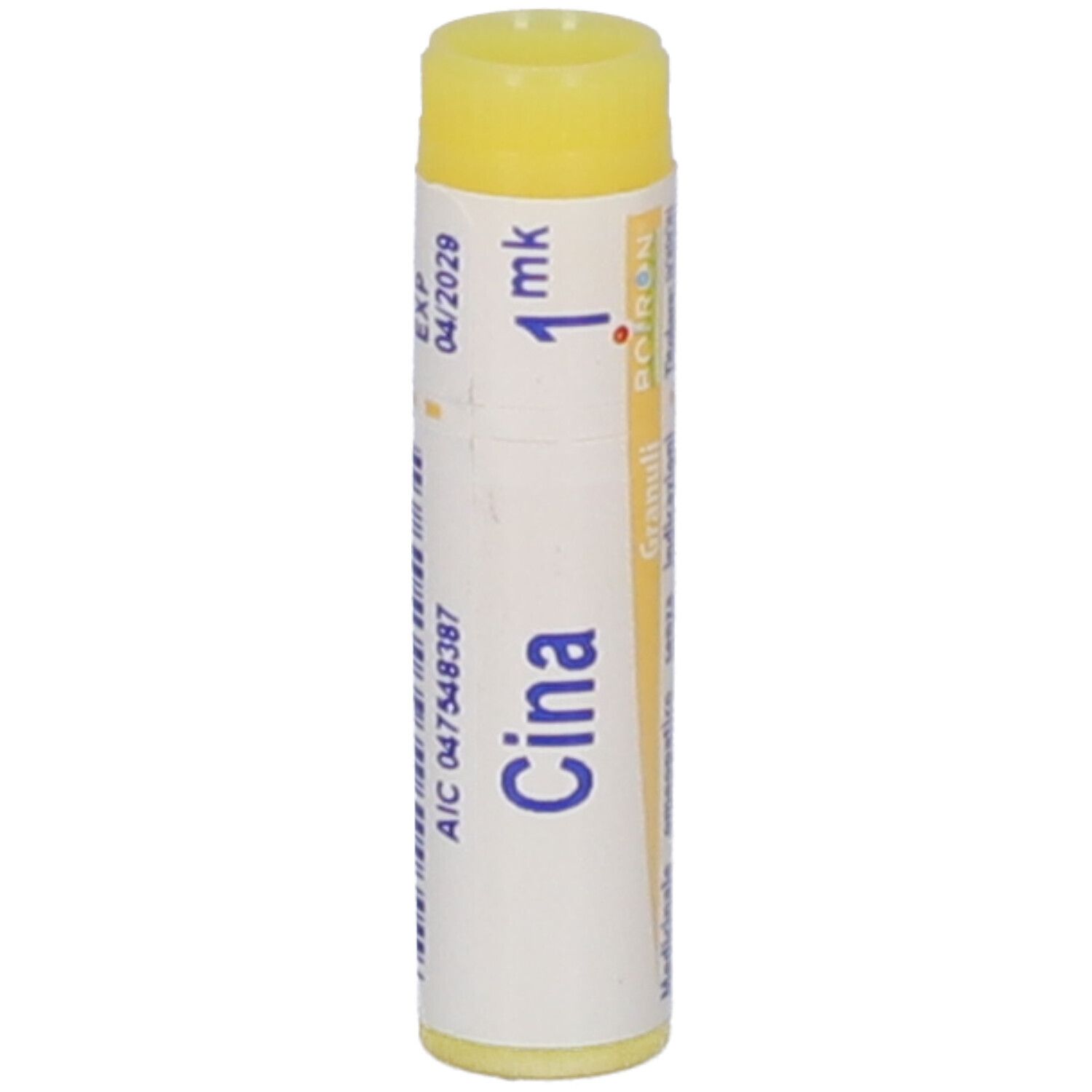 Tubo cilindrico di globuli gialli. Scritta: Cina, 1 mk, Boiron. Scadenza 04/2029.