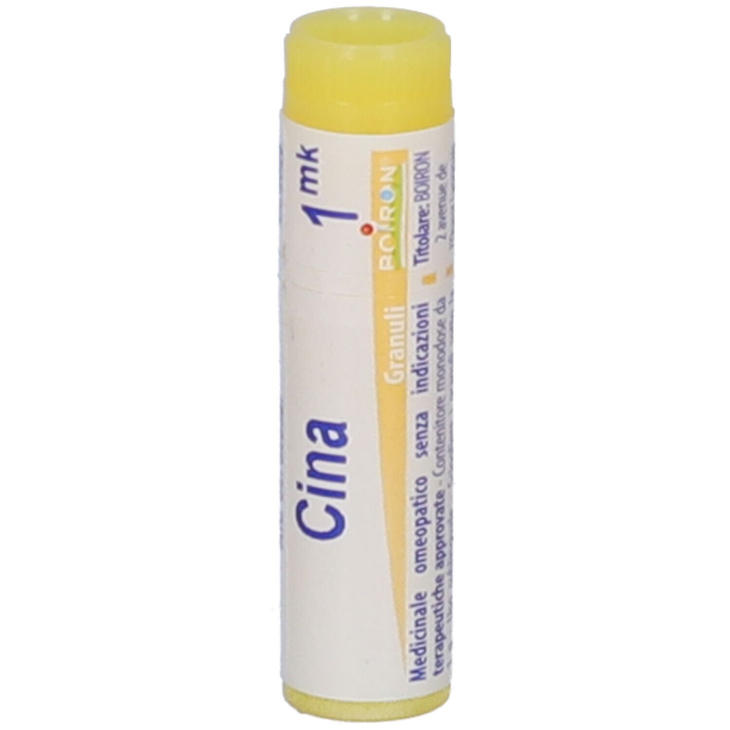Tubo cilindrico con globuli gialli. Scritta: Cina, 1 mk, Boiron. Informazioni mediche.